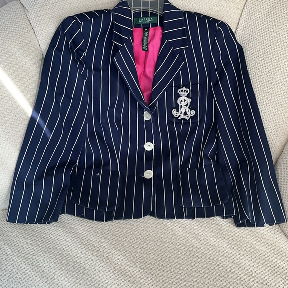 Lauren Ralph Lauren womens Size 8 Petite Navy Pinstriped Crested Blazer - Picture 1 of 5